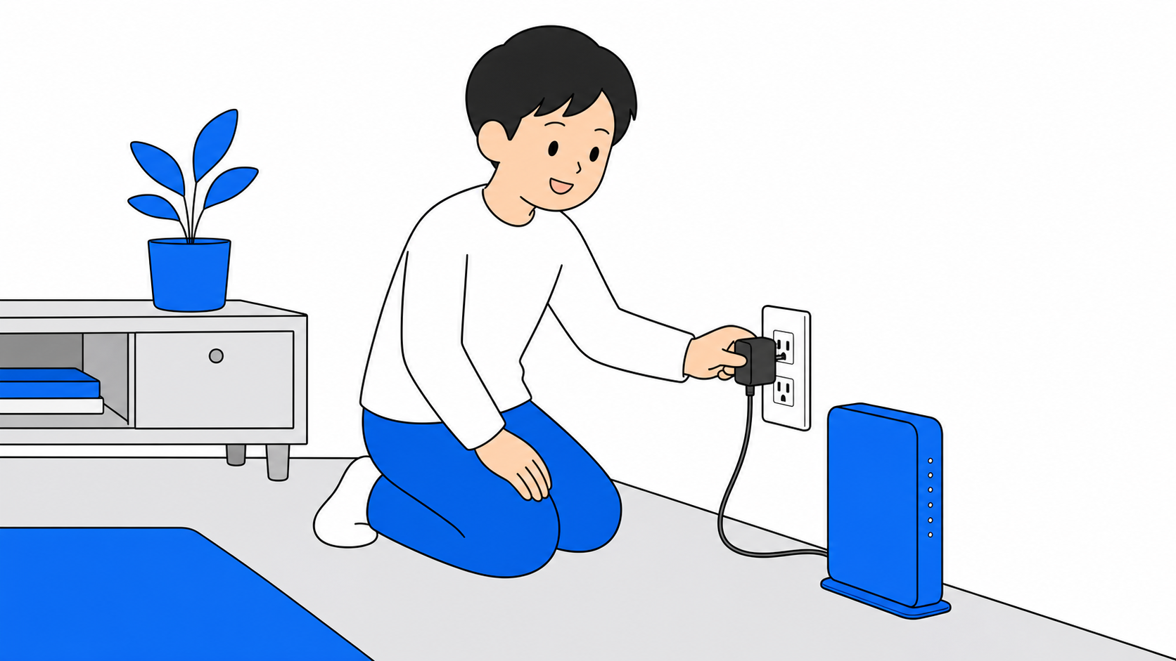 リビングのコンセント脇にホームルーターを置き設定するシニアの手元のイメージ