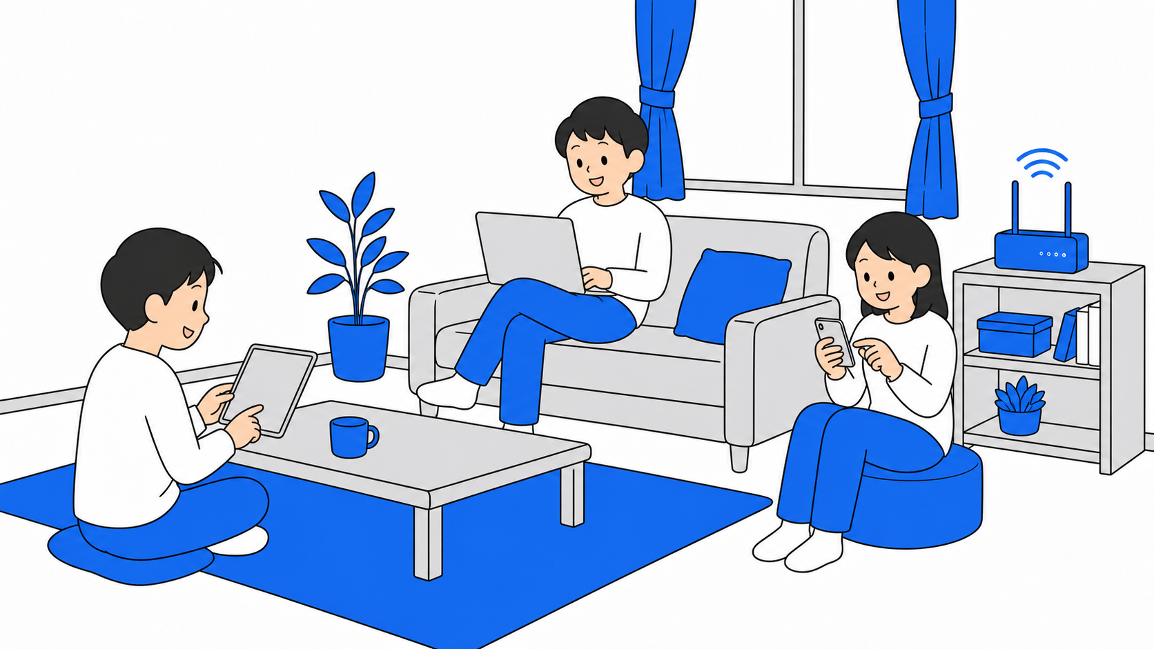 リビングで複数の住人がネットを使っているシェアハウスのイラスト