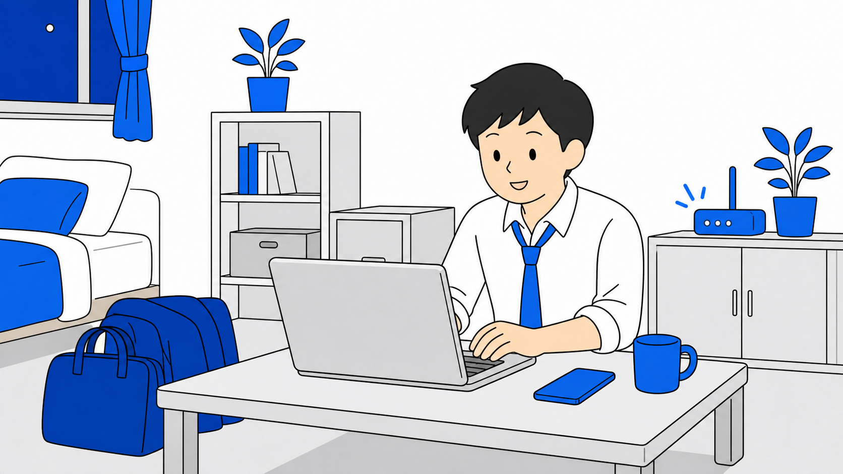 忙しい新社会人が自宅でネット環境を整えるイメージ