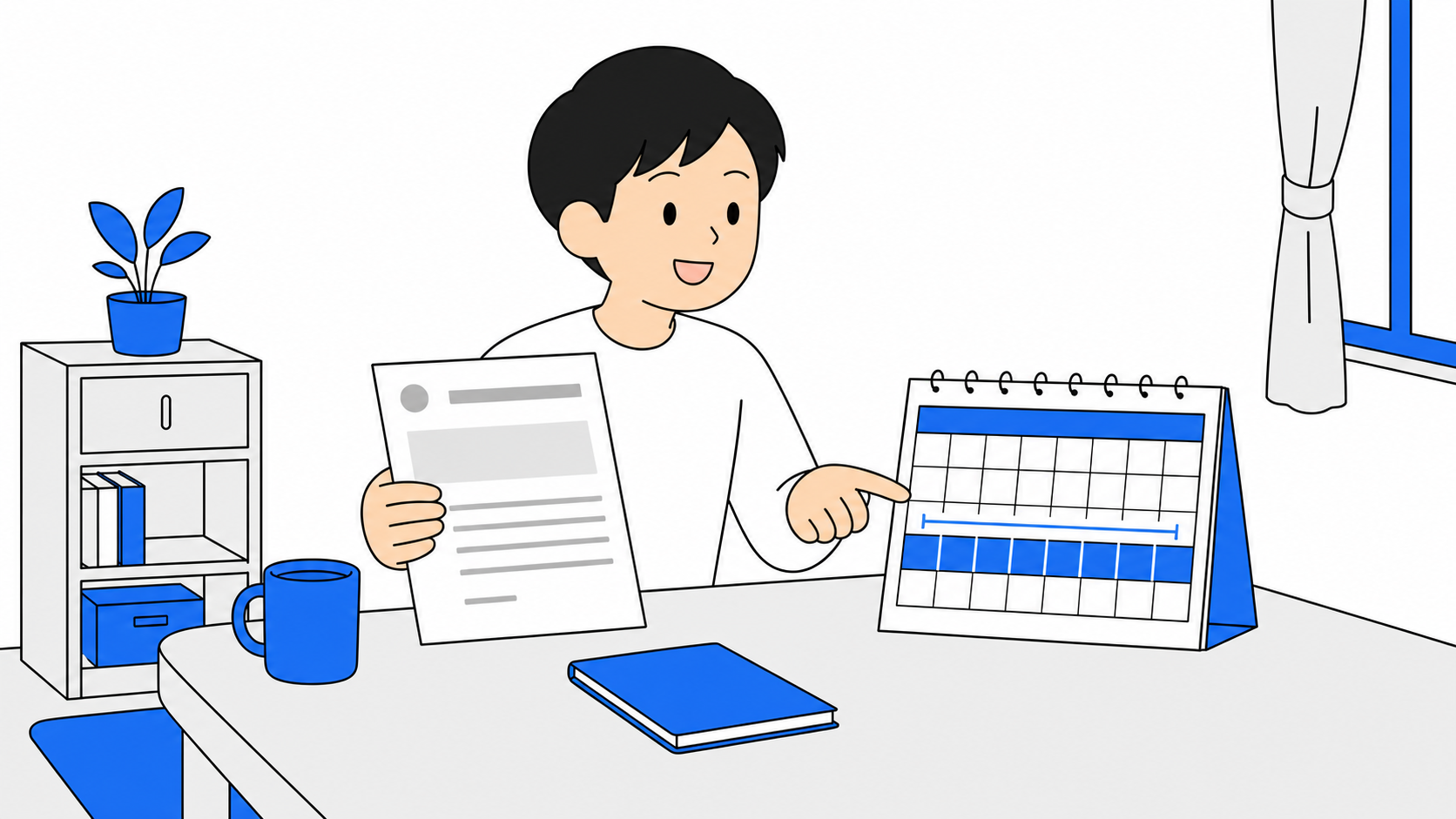 契約書とカレンダーで8日間を確認するイラスト