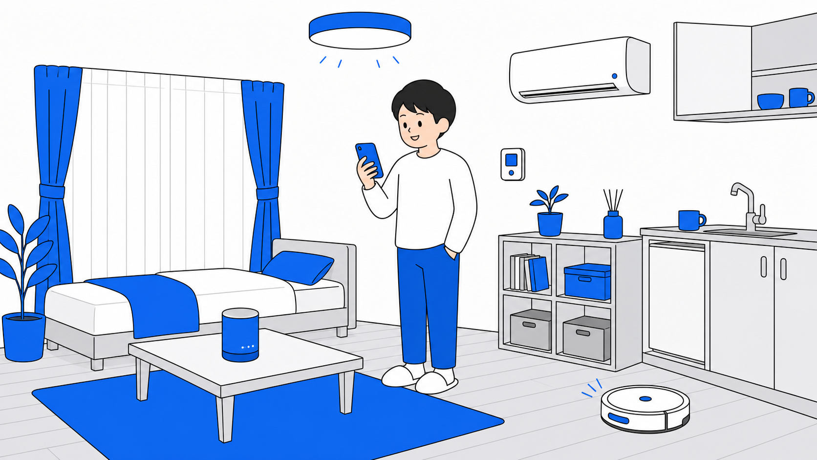 スマート家電が並ぶ一人暮らしの部屋のイラスト