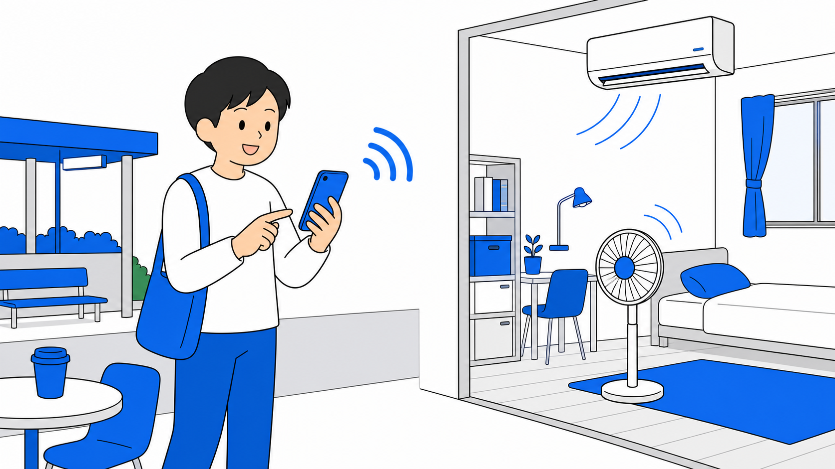 外出先からスマホで家電を操作する人のイラスト