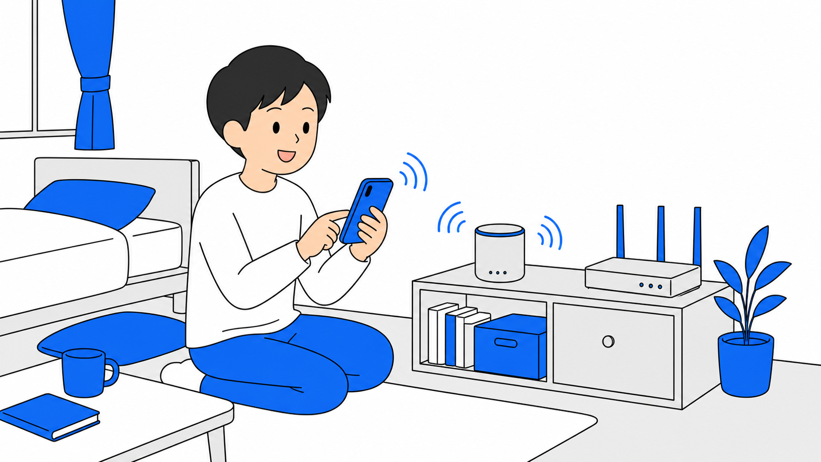スマホアプリでスマートスピーカーをWi-Fiに繋ぐイラスト
