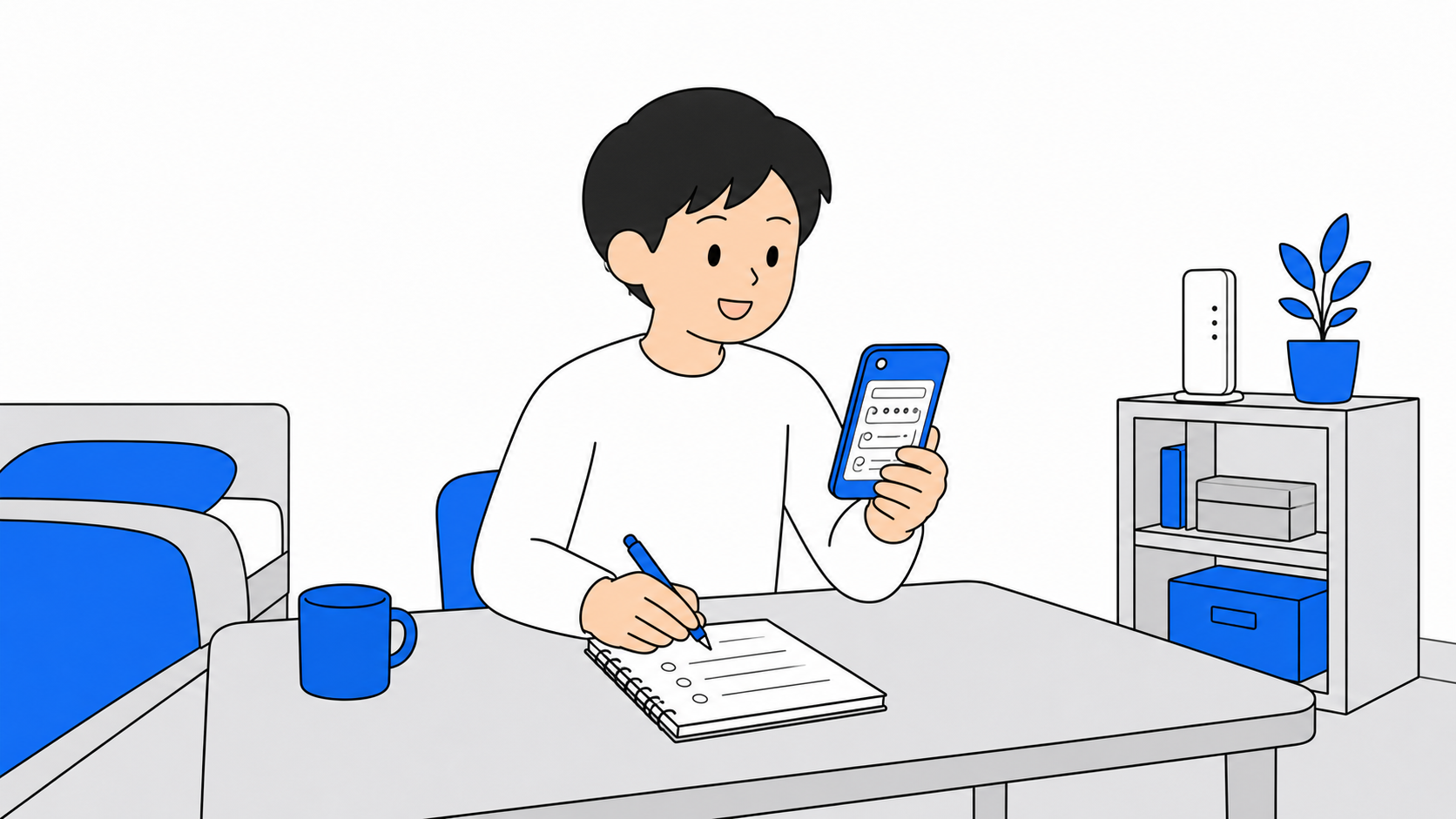スマホの画面で契約解除料と工事費の残りを確認しながらメモを取っている人のイラスト
