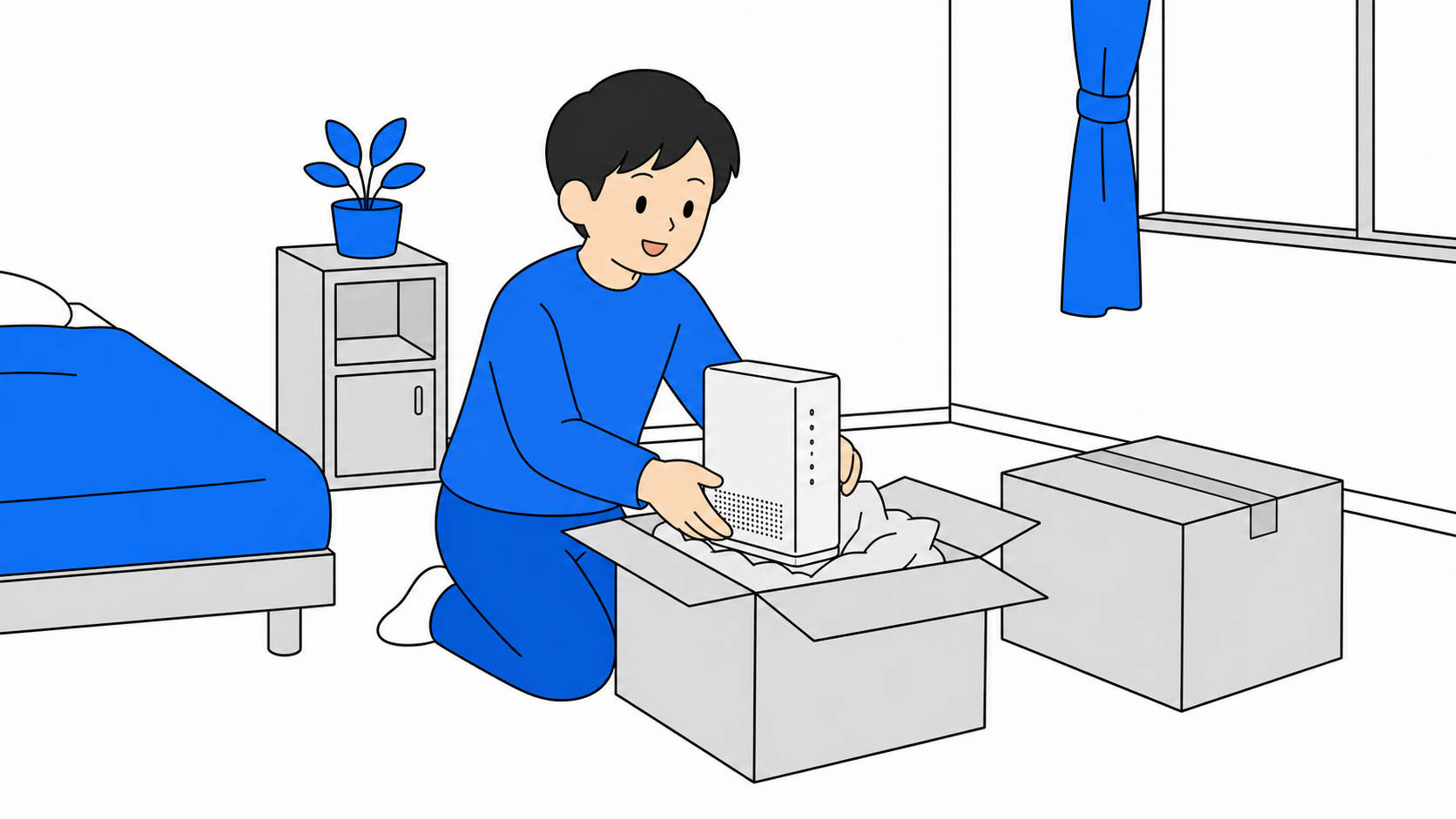 引っ越し用の段ボールの横で光BBユニットを梱包している人のイラスト