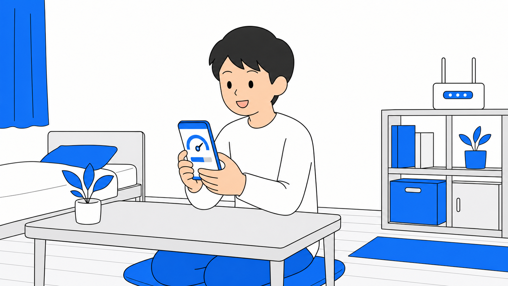スマホでスピードテストをしている人のイラスト