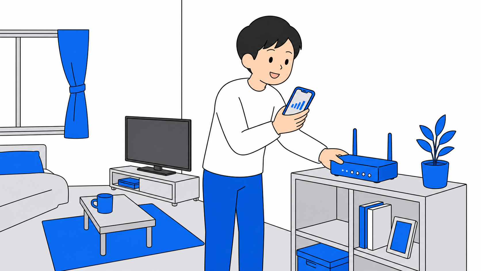 測定結果を見ながらルーターの位置を変えている人のイラスト
