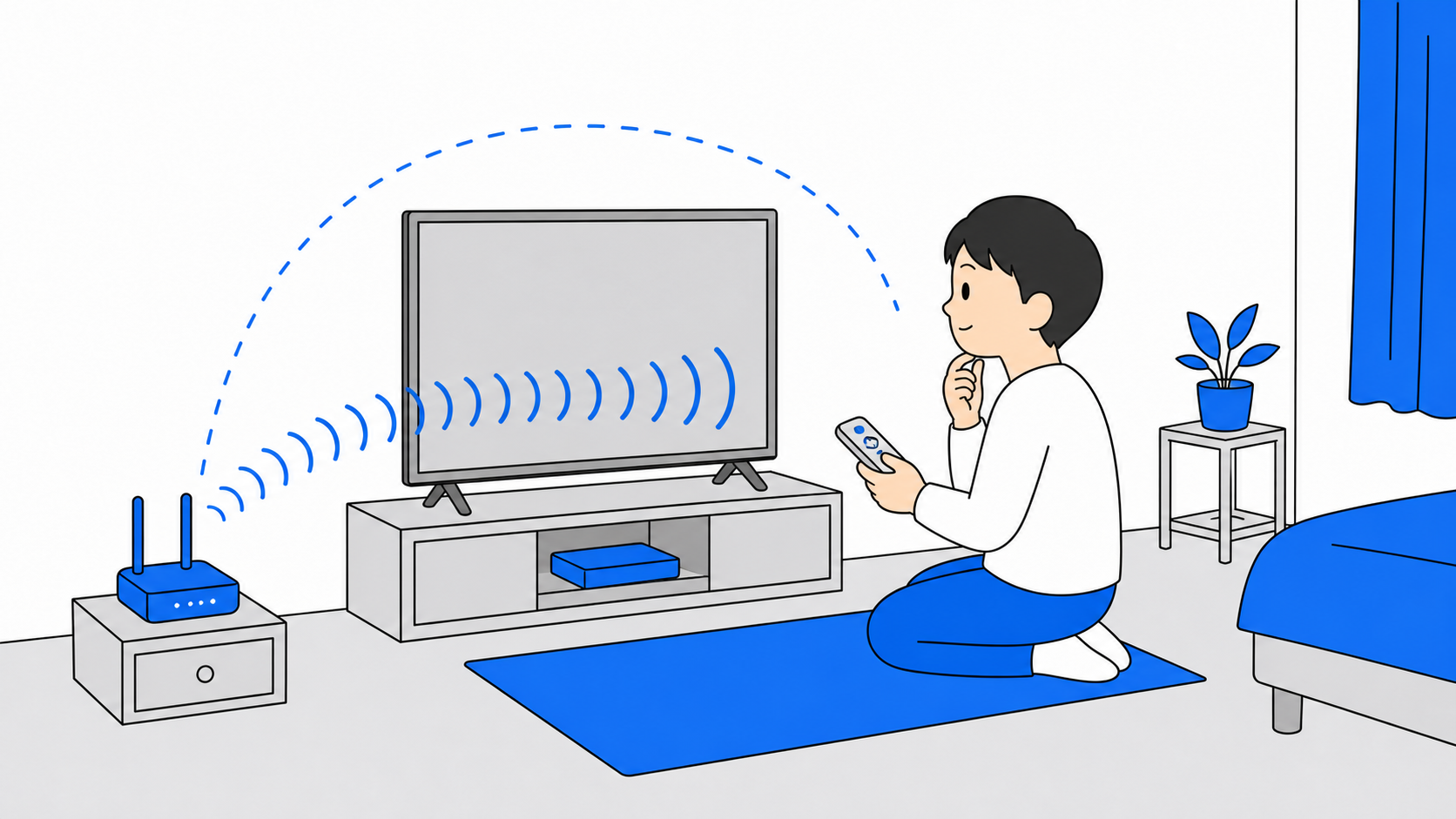 2.4GHzと5GHzの電波を選ぶテレビ周りのイラスト