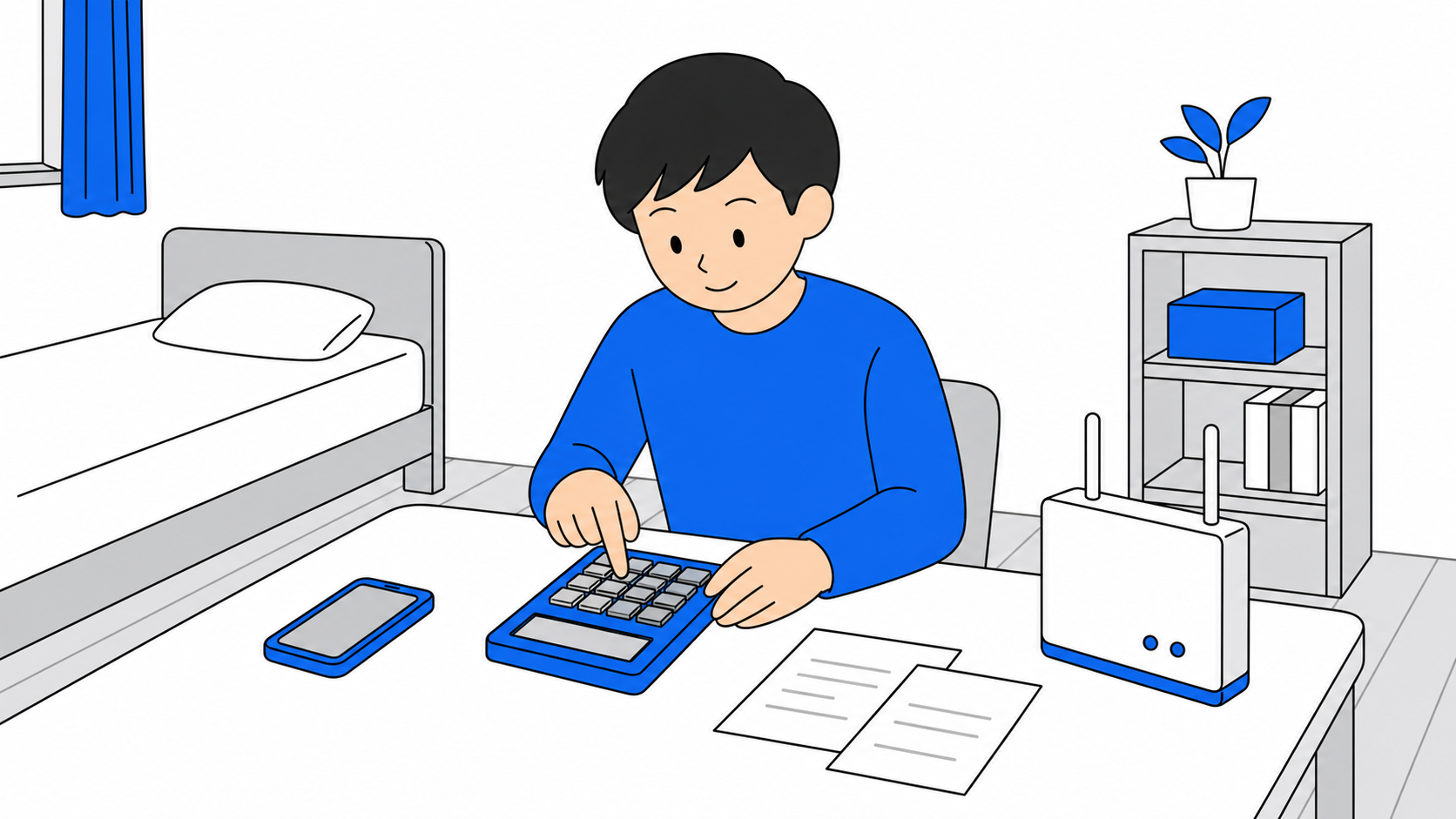電卓で通信費の合計を計算している人のイラスト