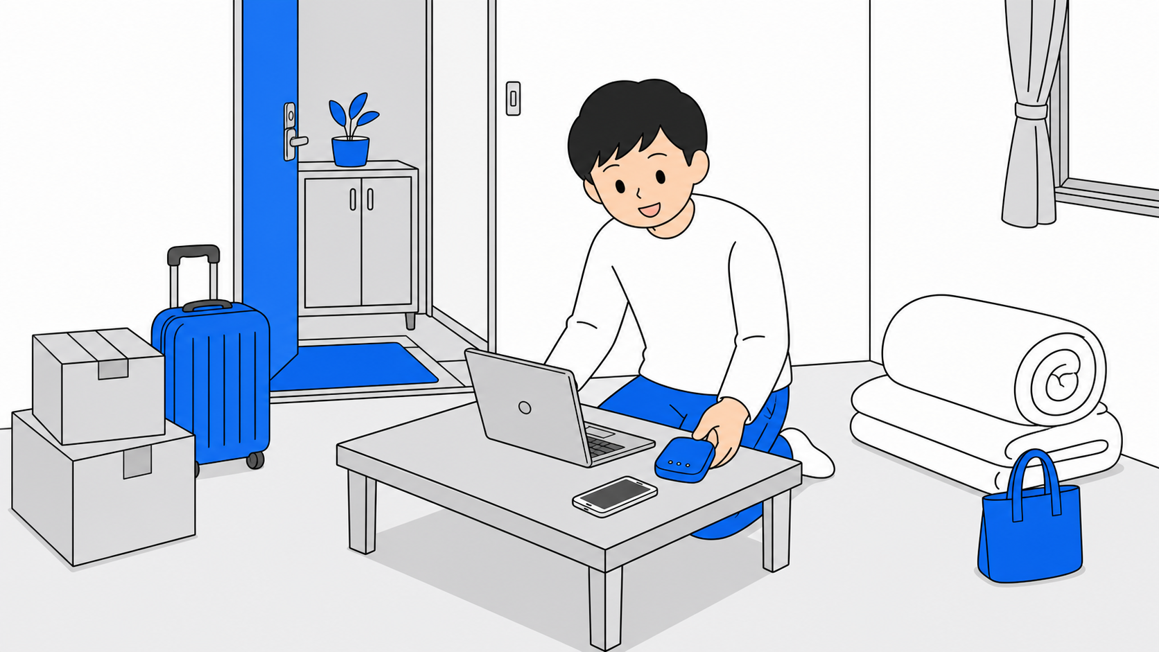 Wi-Fiレンタルが向いている人（入居前・短期滞在・引っ越しの合間）のイラスト