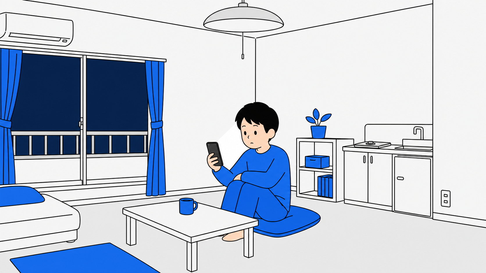 停電した部屋でスマホの明かりを頼りにする人のイラスト