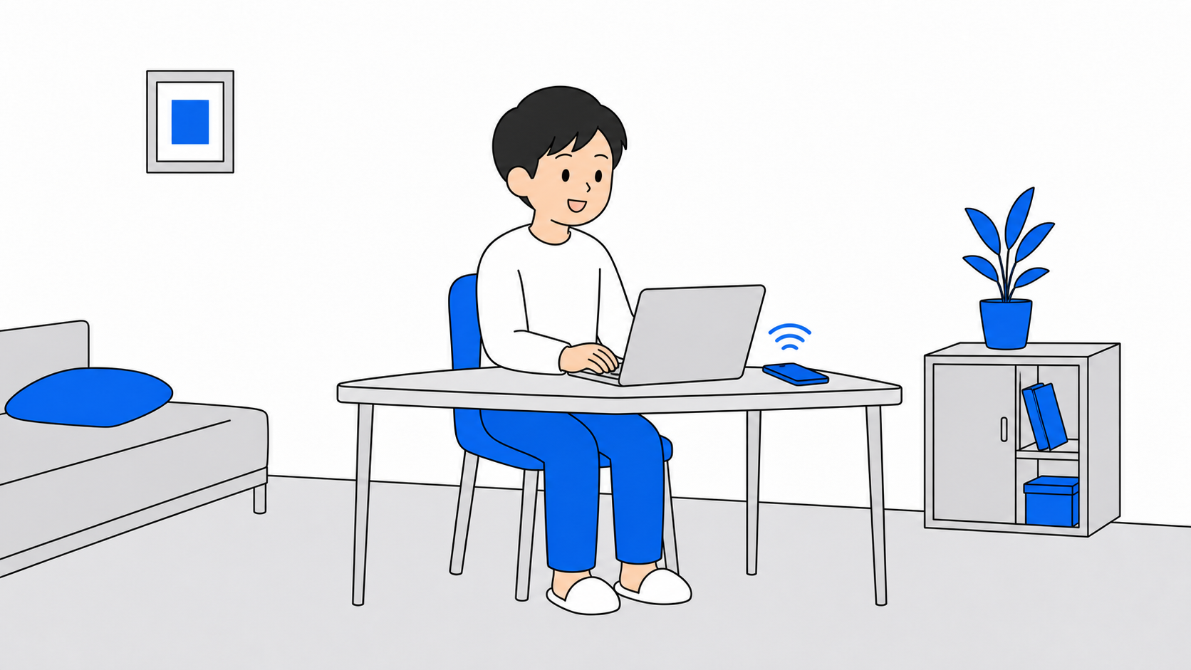 スマホのテザリングでパソコンを繋いで作業する人のイラスト