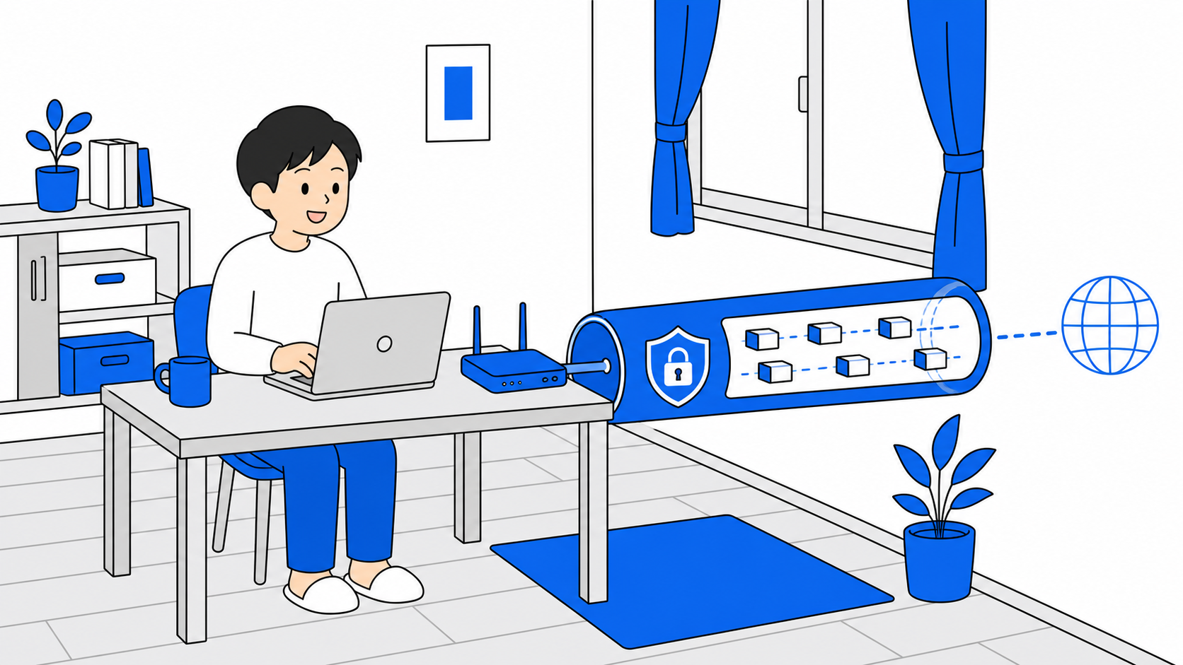 VPNが通信をトンネルで守るイメージのイラスト