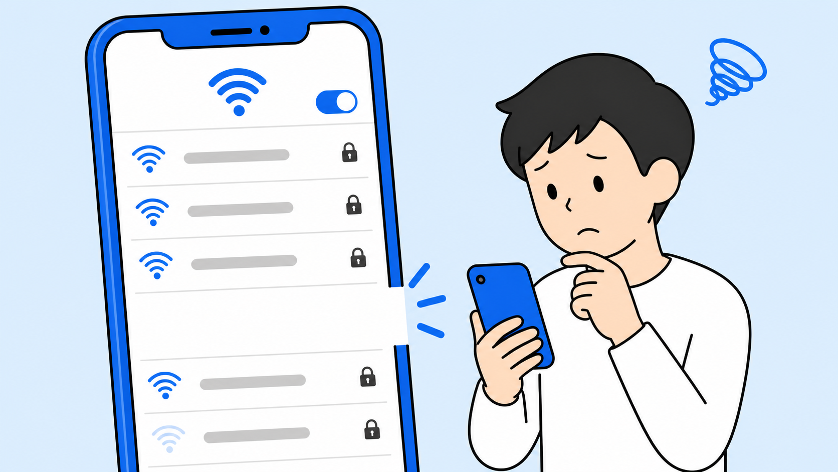 スマホのWi-Fi一覧から5GHzのSSIDだけが消えている画面イメージ