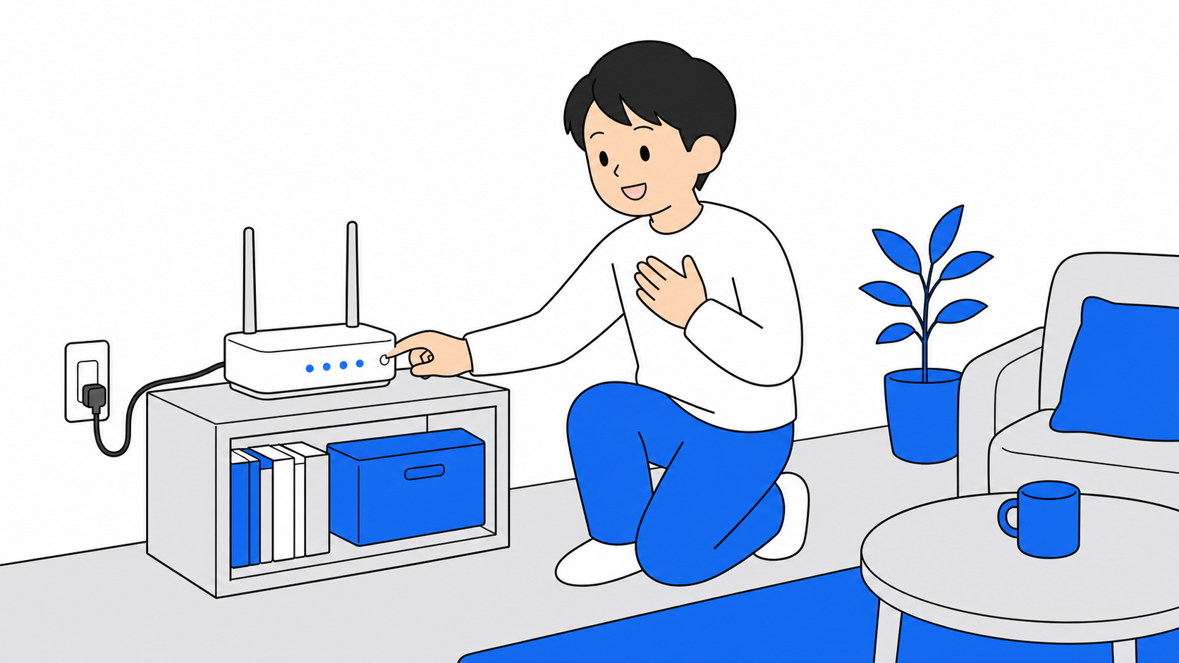 ルーターを再起動して直って安心する人のイラスト