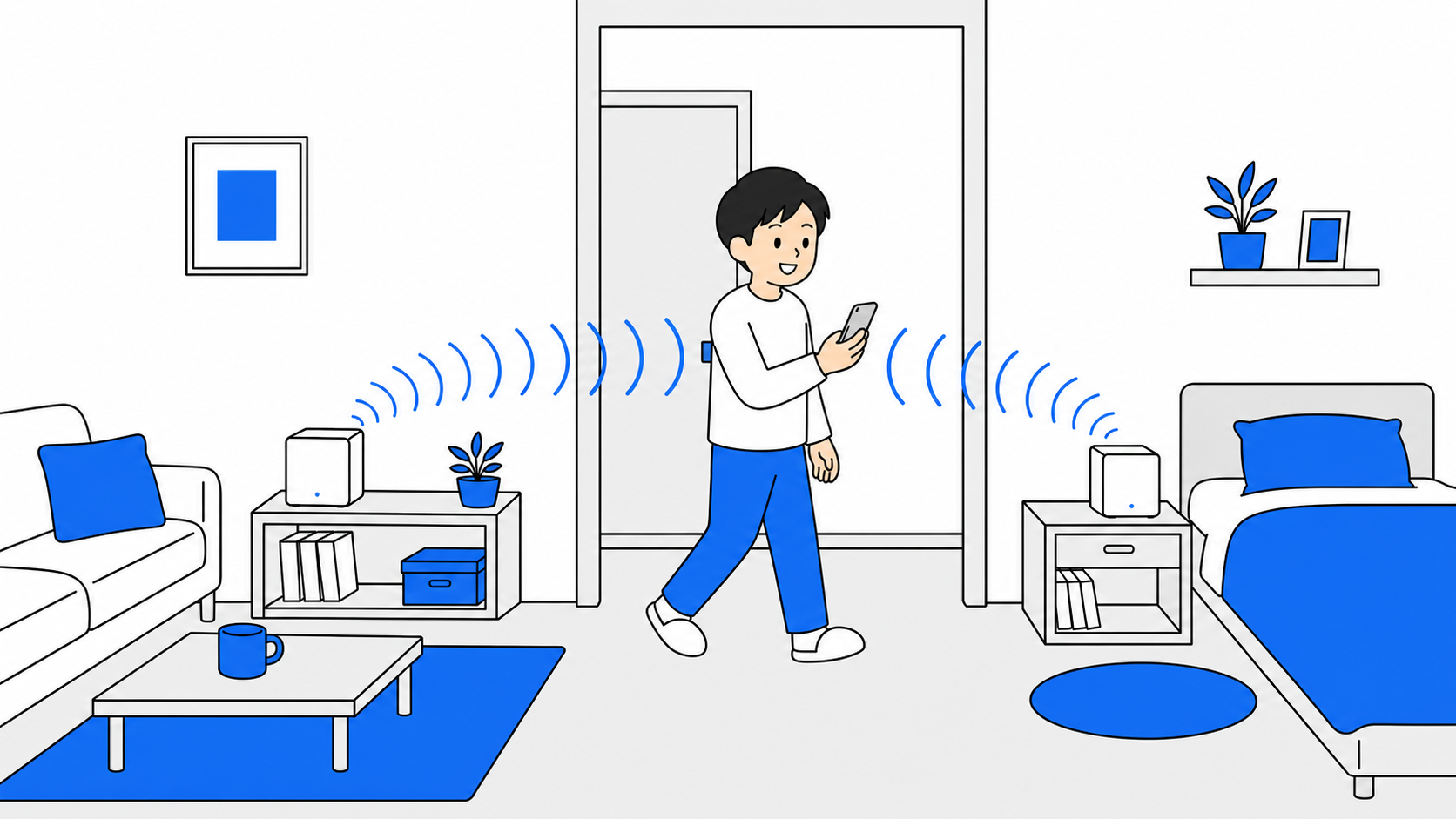 部屋を移動してもWi-Fiが切れないメッシュのイメージイラスト