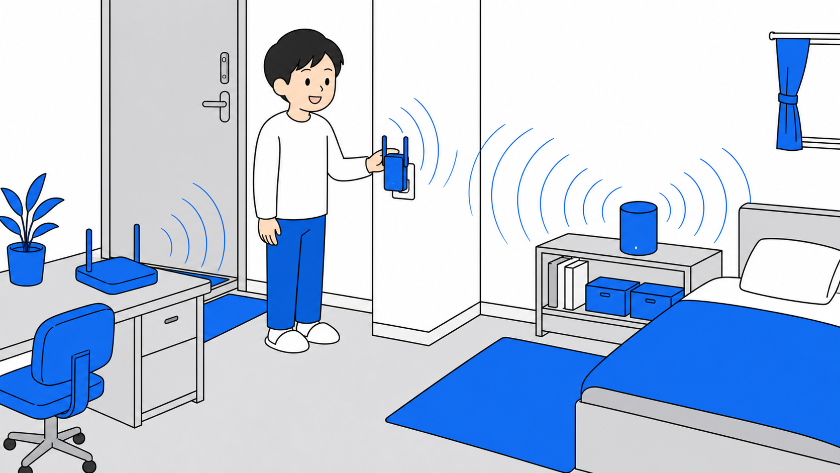中継機やメッシュWi-Fiで電波を広げるイメージのイラスト