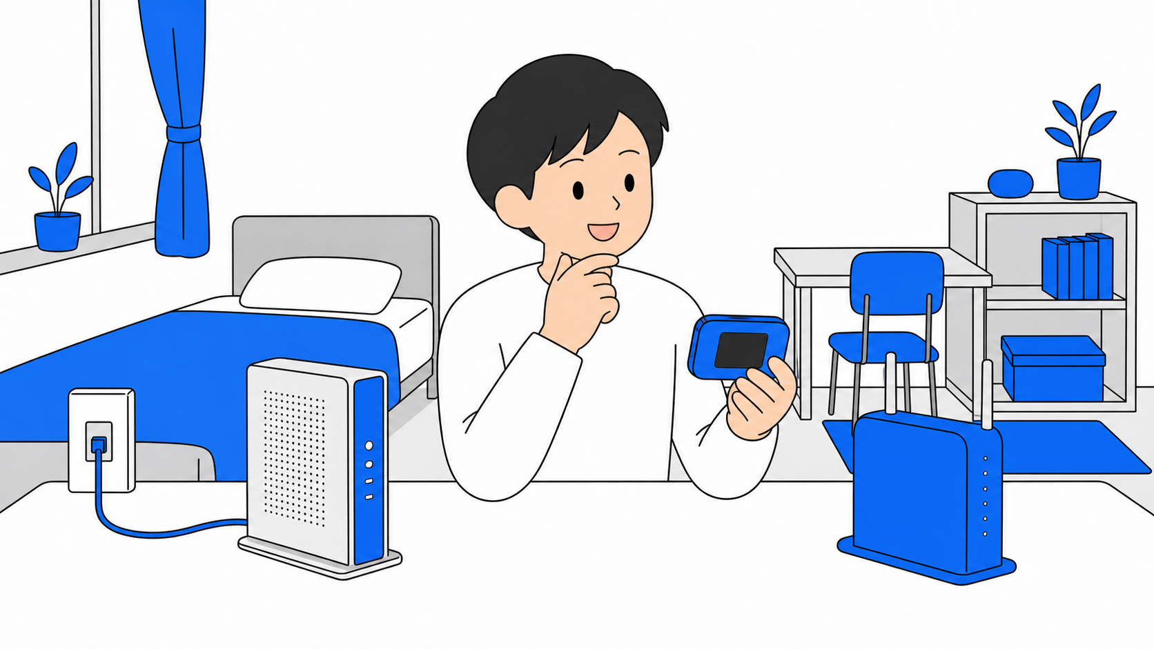 光回線・ホームルーター・ポケット型Wi-Fiの3種類を比べるイラスト