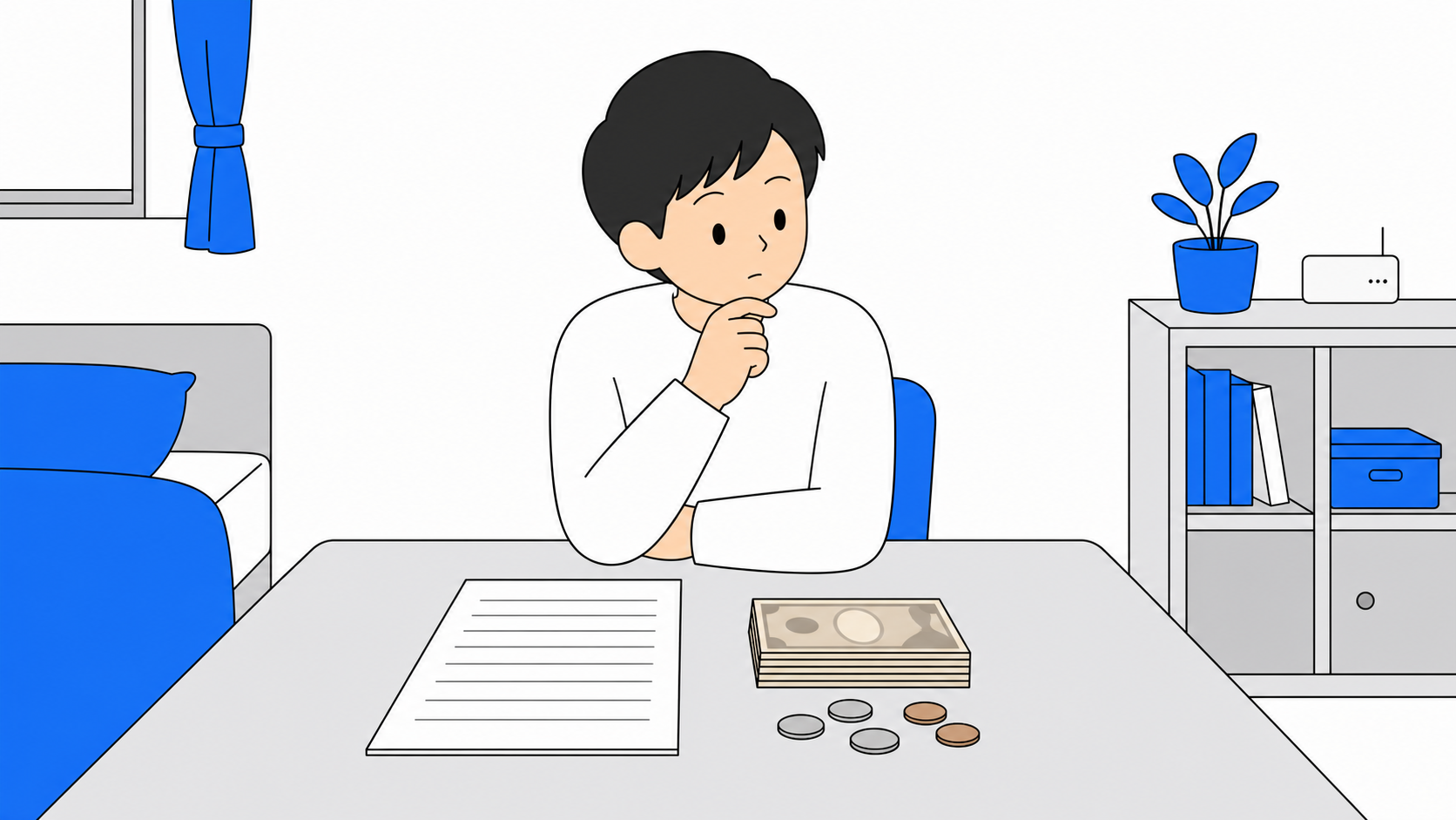 契約書とお金を並べて解約金を考えるイラスト