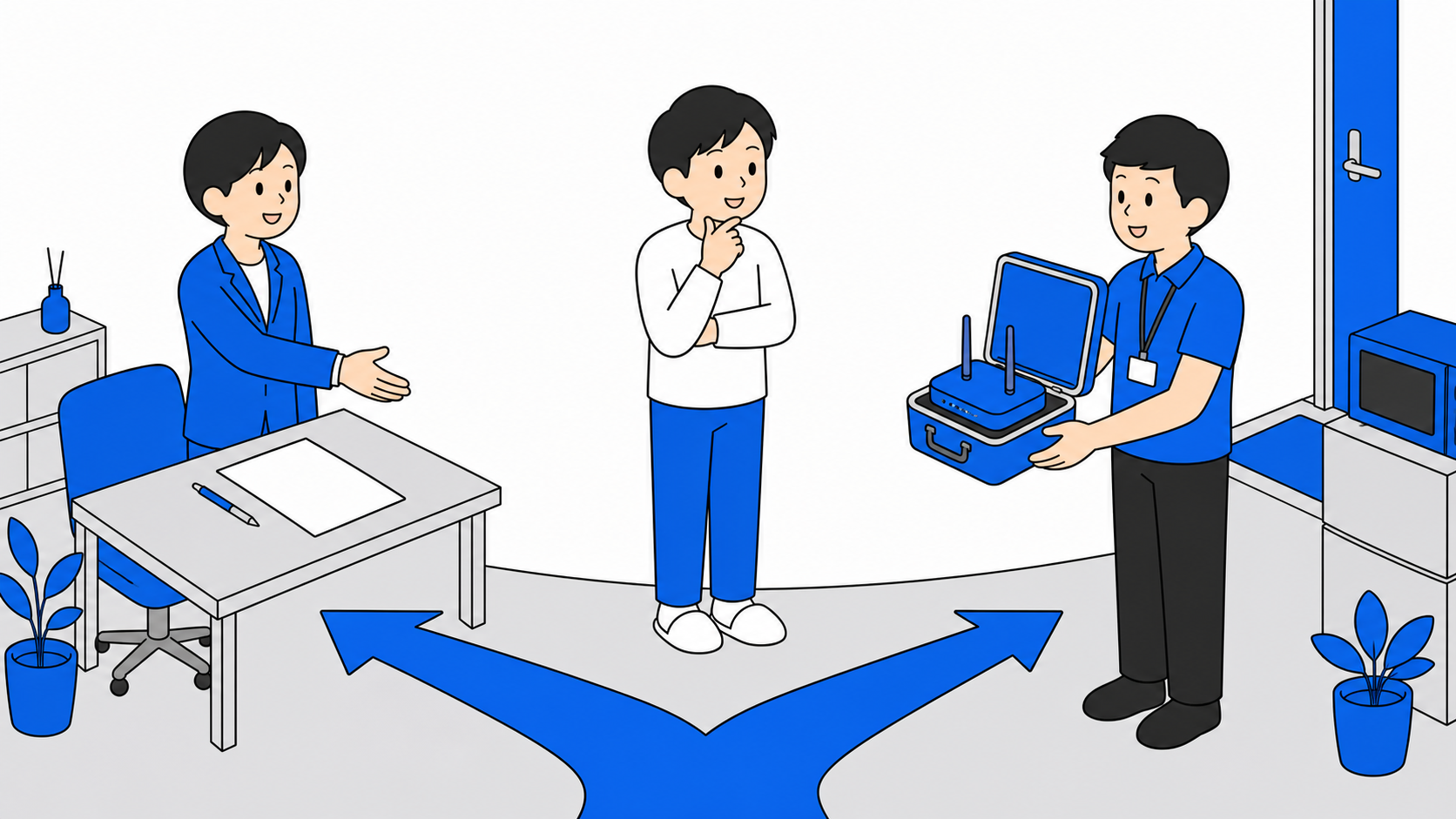 契約とレンタルの2つの道を選ぶイラスト