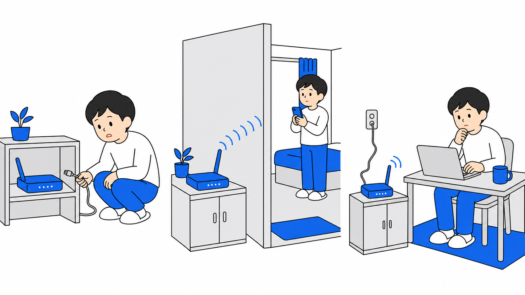 Wi-Fiが遅い3つの原因(機器の不調・電波が届かない・回線が弱い)を並べた図解