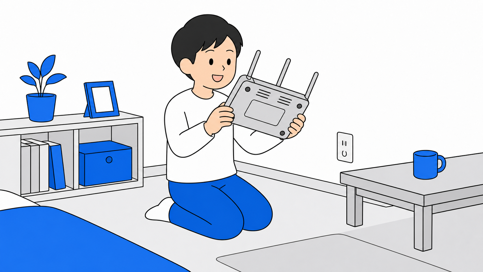 ルーター底面のシールを確認している人のイラスト
