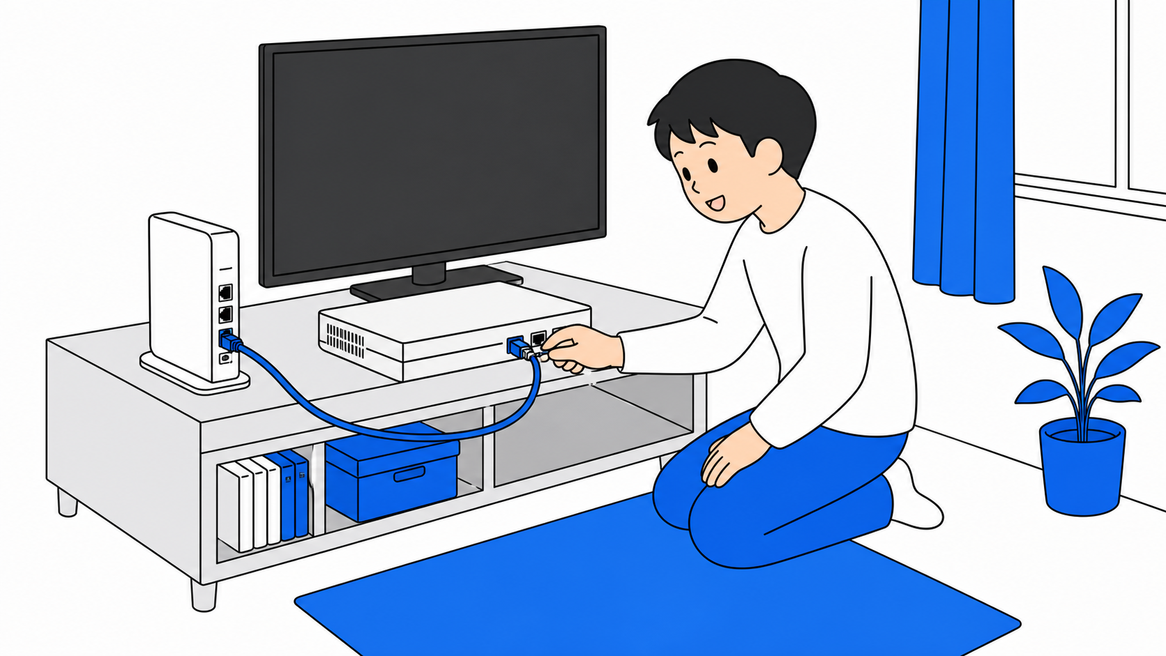 ゲーム機を有線LANでつなぐイメージのイラスト