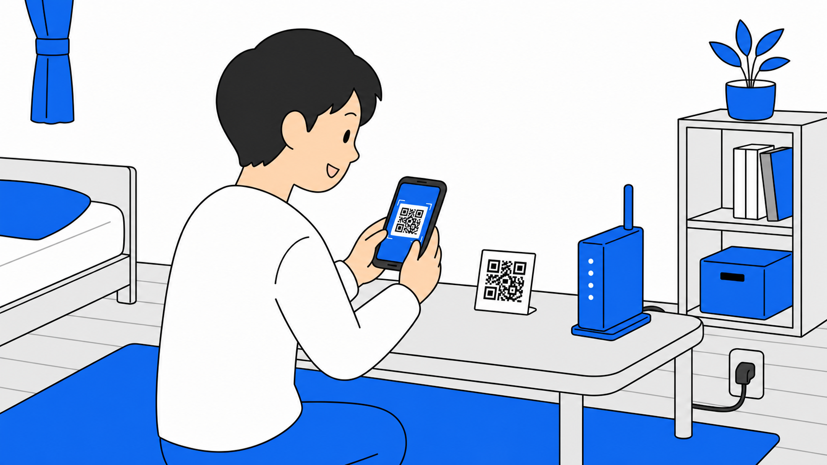 スマホでWi-FiのQRコードを読み取るイメージのイラスト