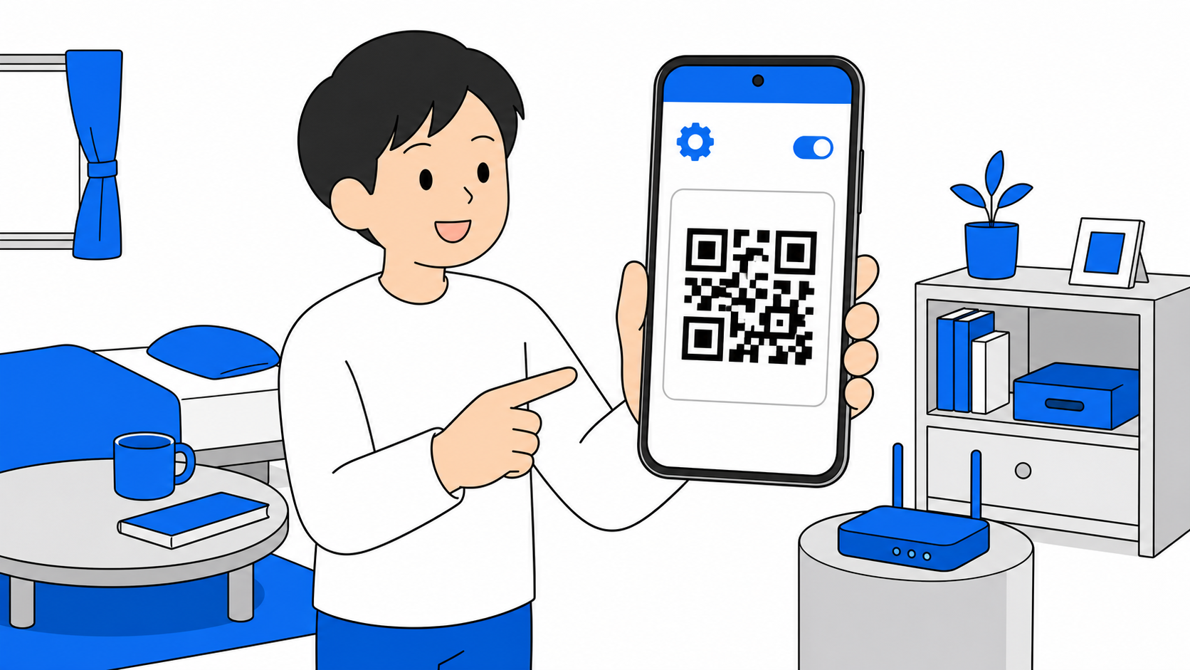 Androidの設定画面にWi-FiのQRコードが表示されるイメージのイラスト