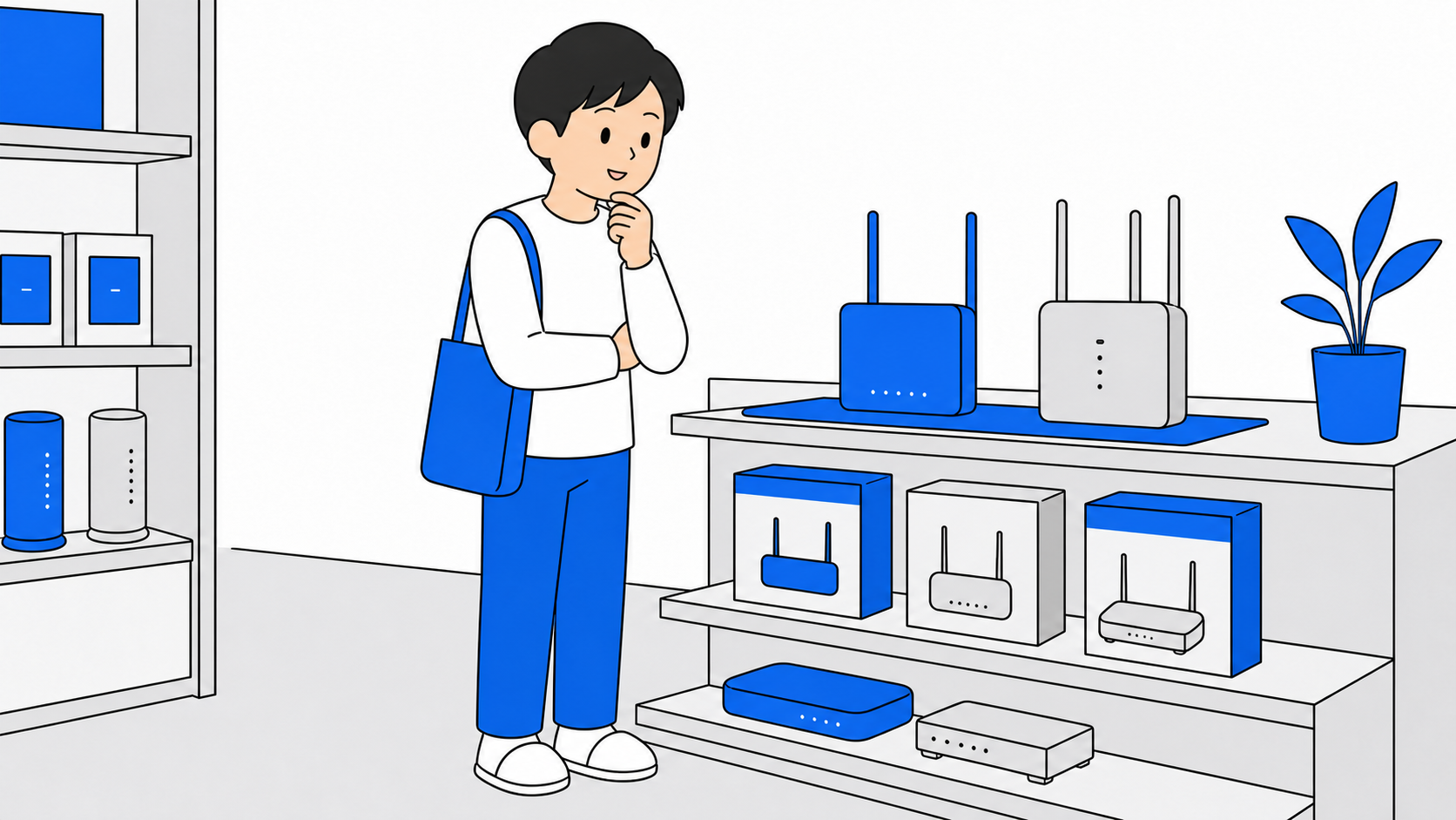 家電量販店でWi-Fiルーターを選ぶ一人暮らしのイラスト