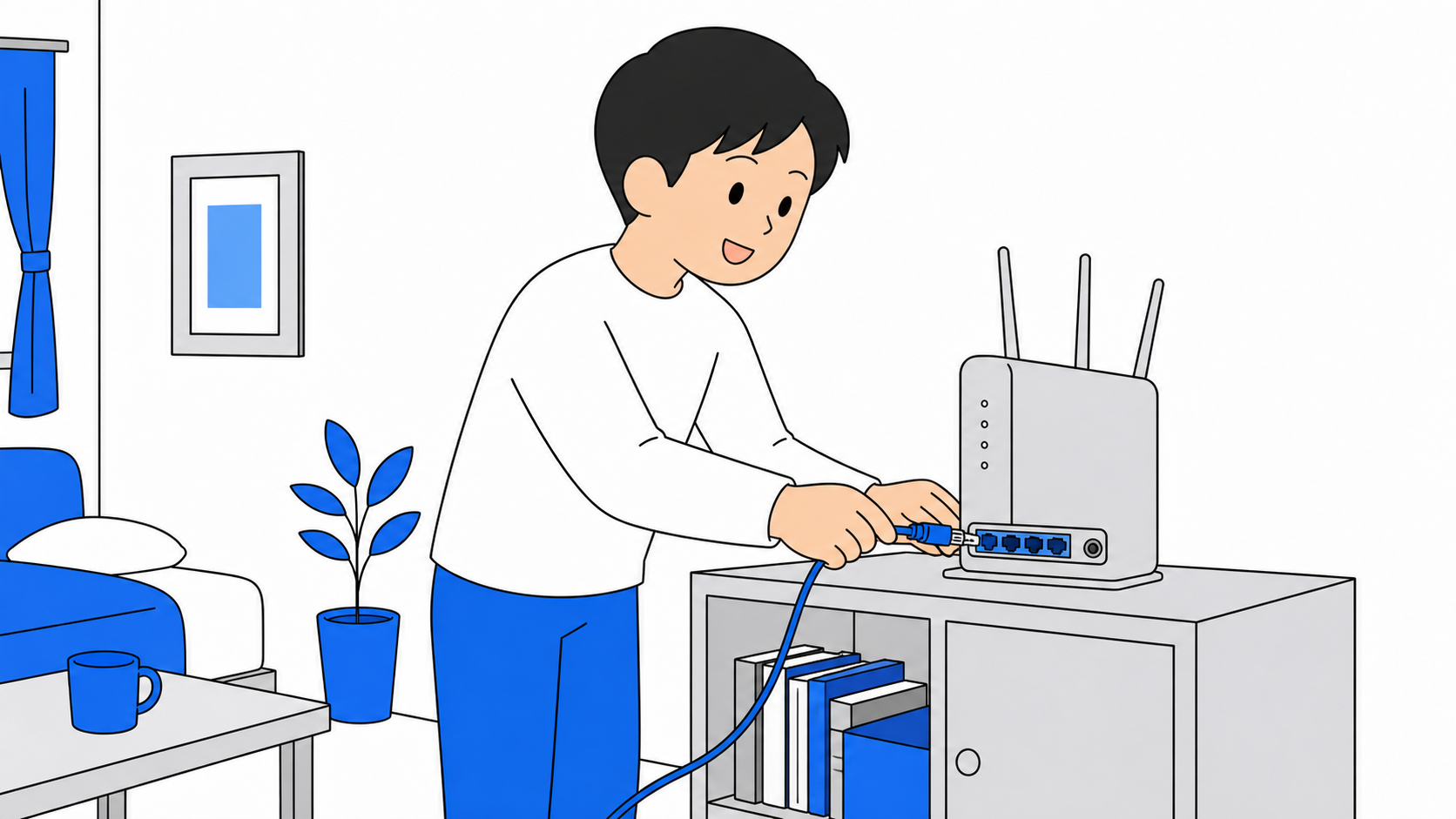 Wi-Fiルーターにケーブルを繋いでいる人のイラスト
