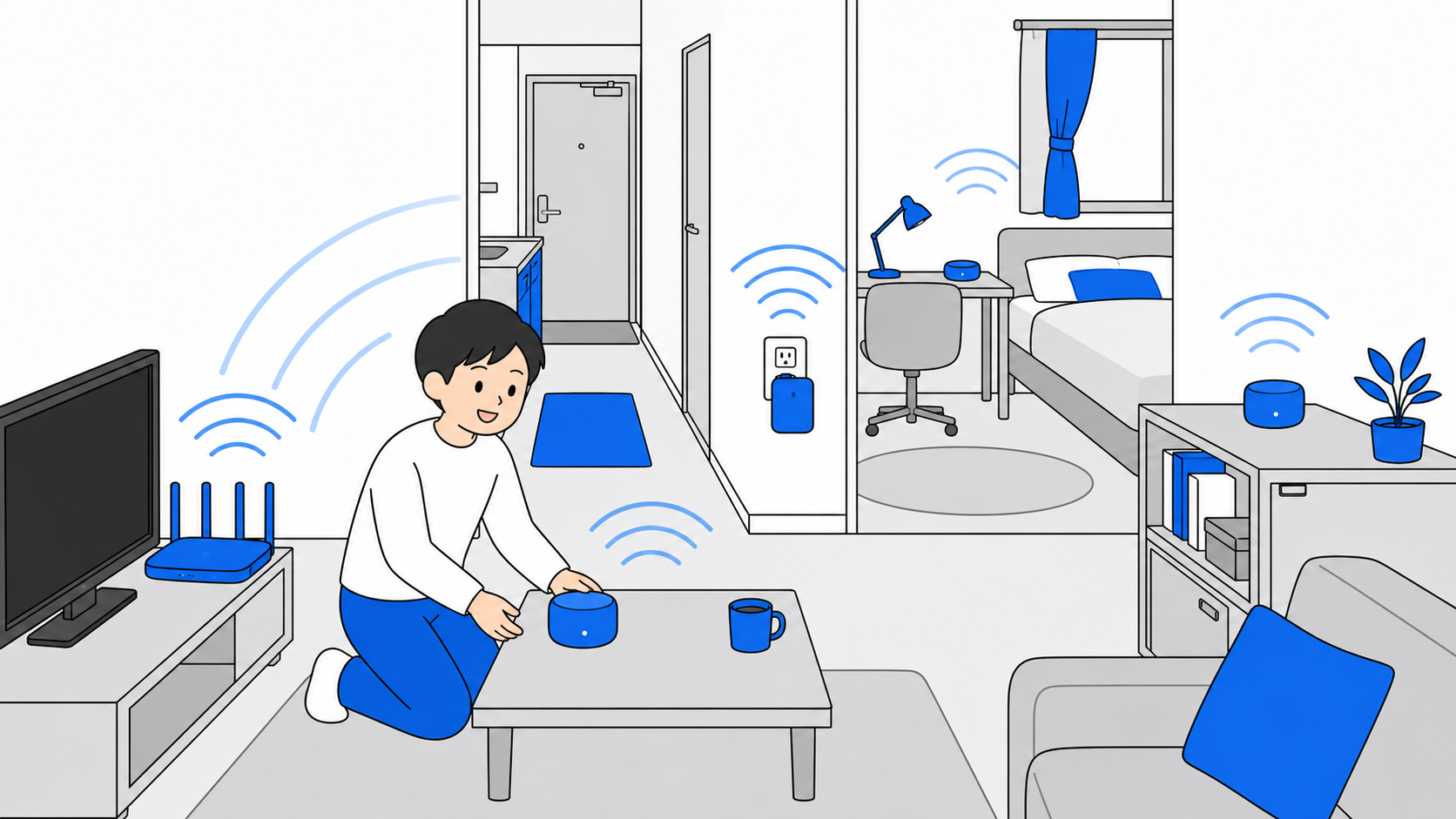 中継機とメッシュWi-Fiで家全体に電波を届けるイラスト