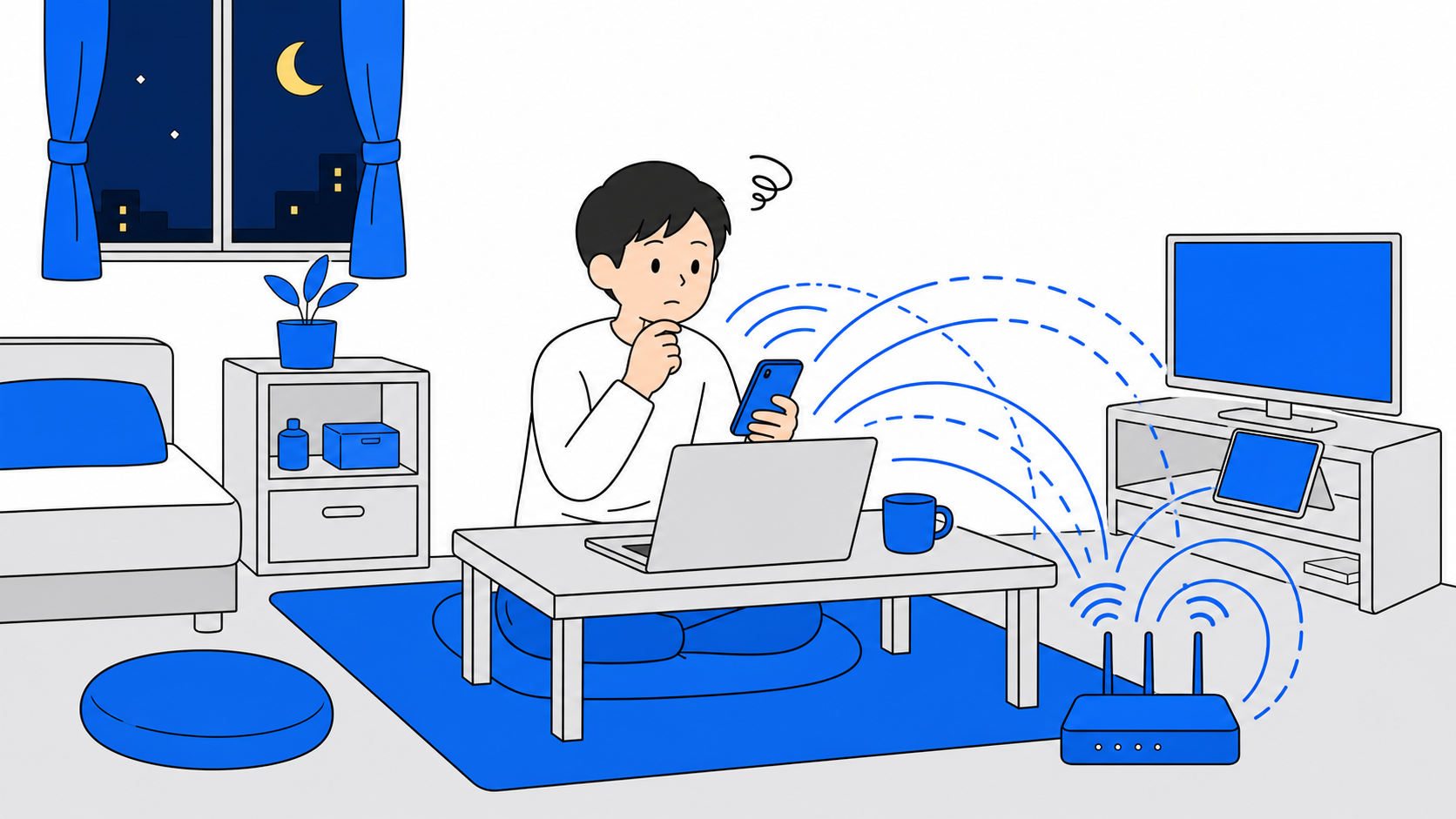 夜の時間帯に通信が混雑するイメージのイラスト