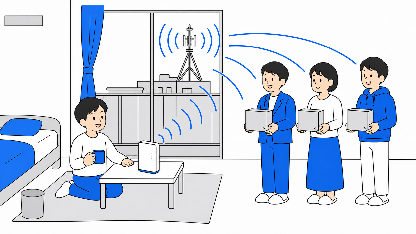 同じ電波を使う複数のWiMAXプロバイダのイラスト