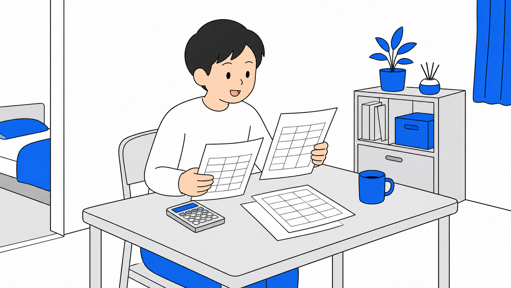 料金表を見比べて計算している人のイラスト