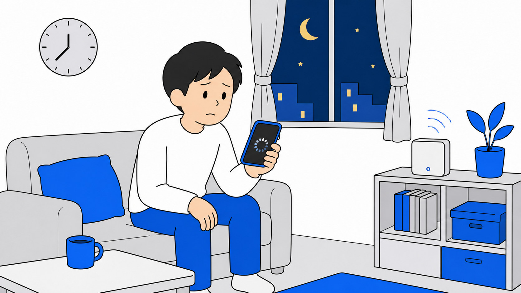 WiMAXの混雑する時間帯に動画の読み込みが止まってしまう様子のイラスト