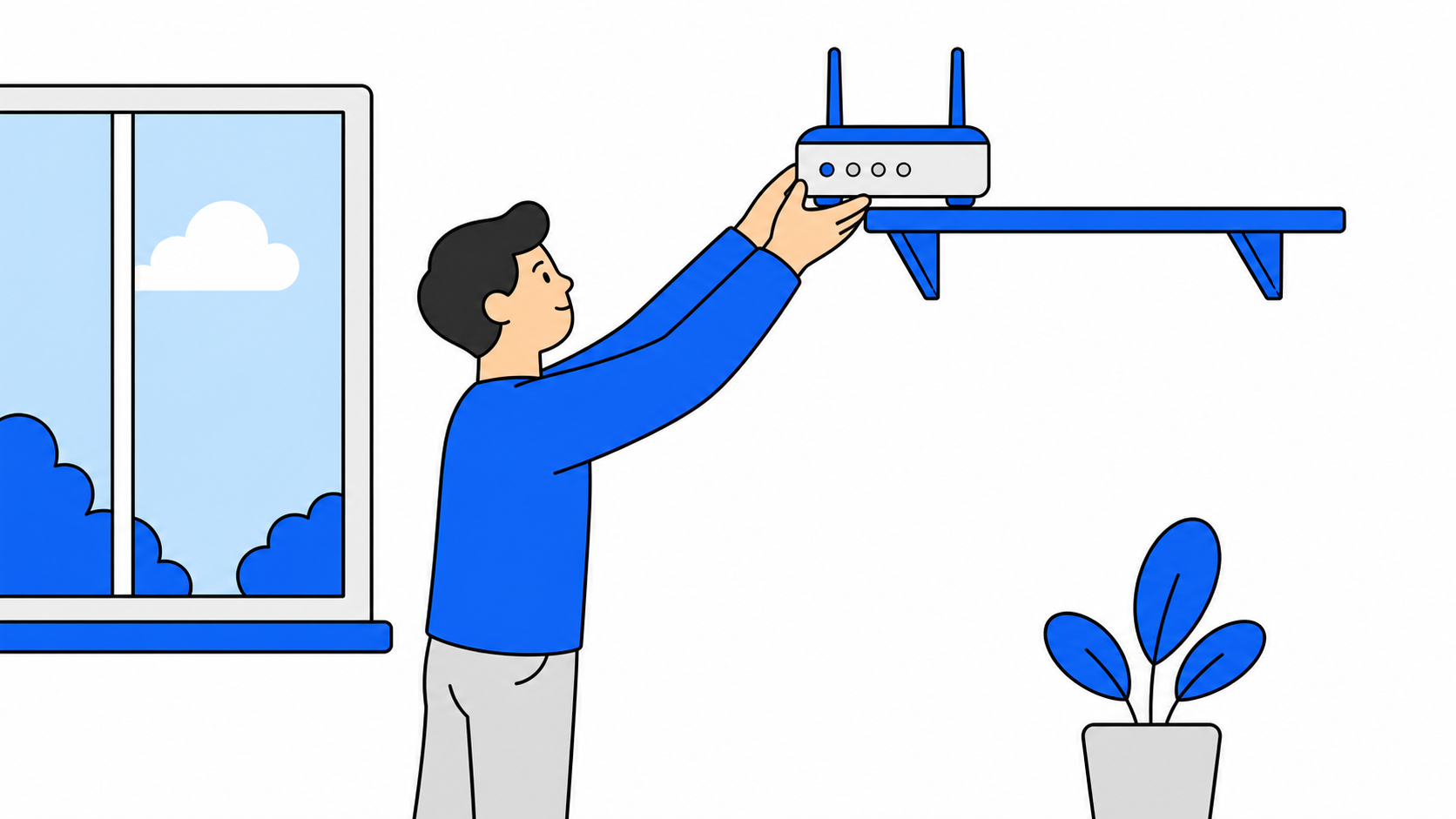 WiMAXルーターを窓際の高い位置に置き直しているイメージ