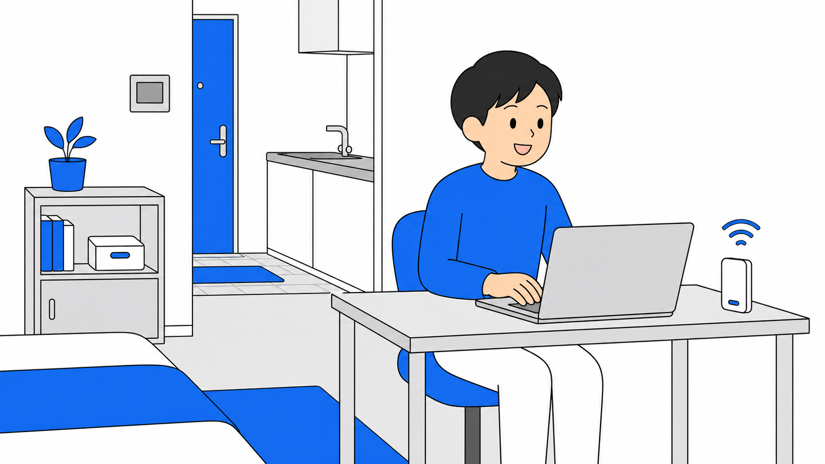 自宅のデスクで仕事をしながらネットを使う在宅ワーカーのイラスト