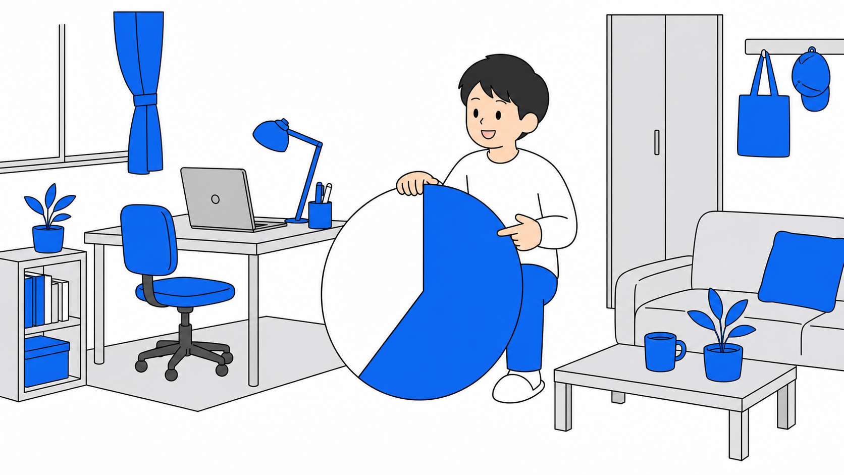 仕事とプライベートの割合を円グラフで分けるイラスト