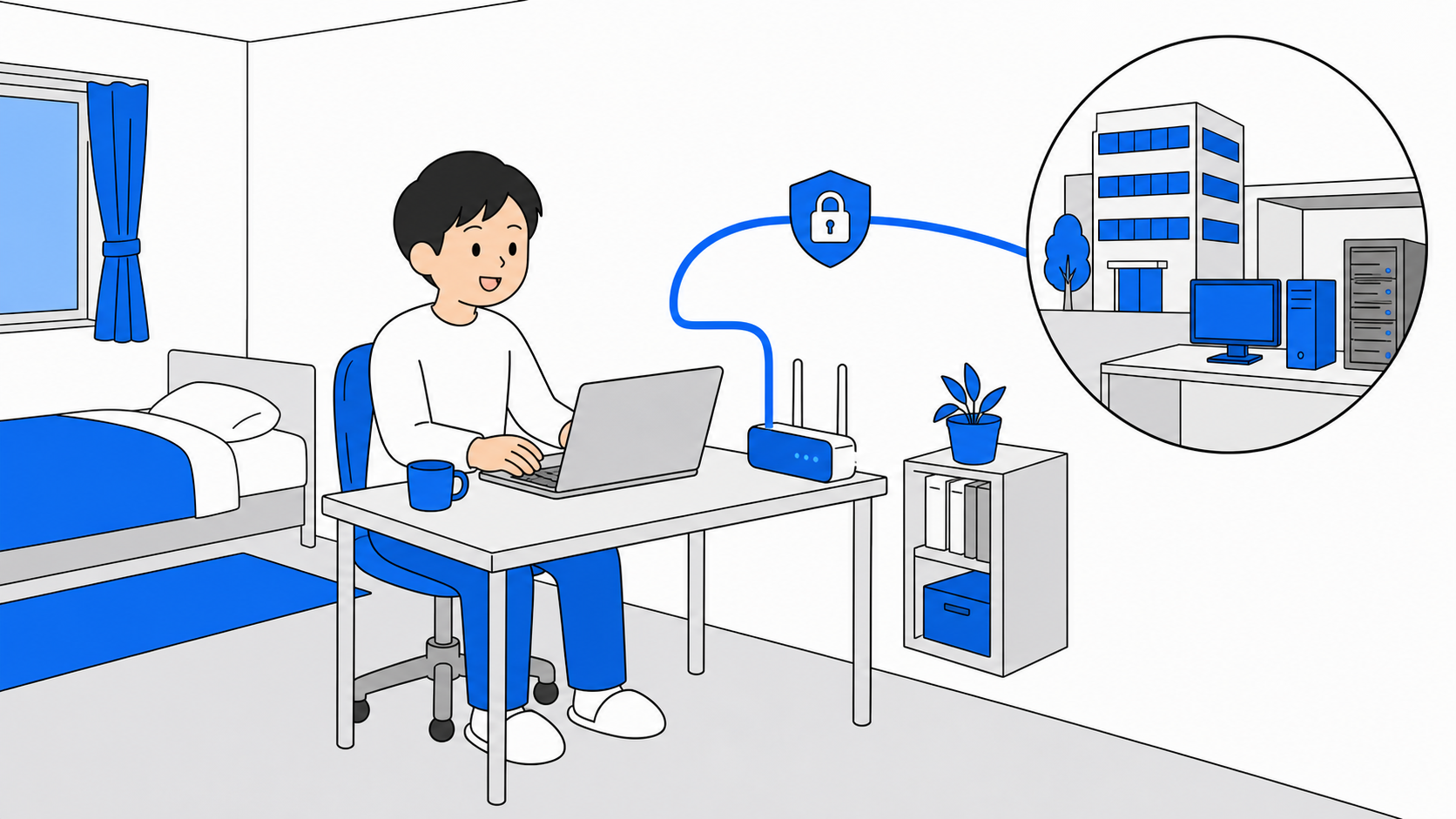 自宅から会社のネットワークにVPNでつなぐイメージのイラスト