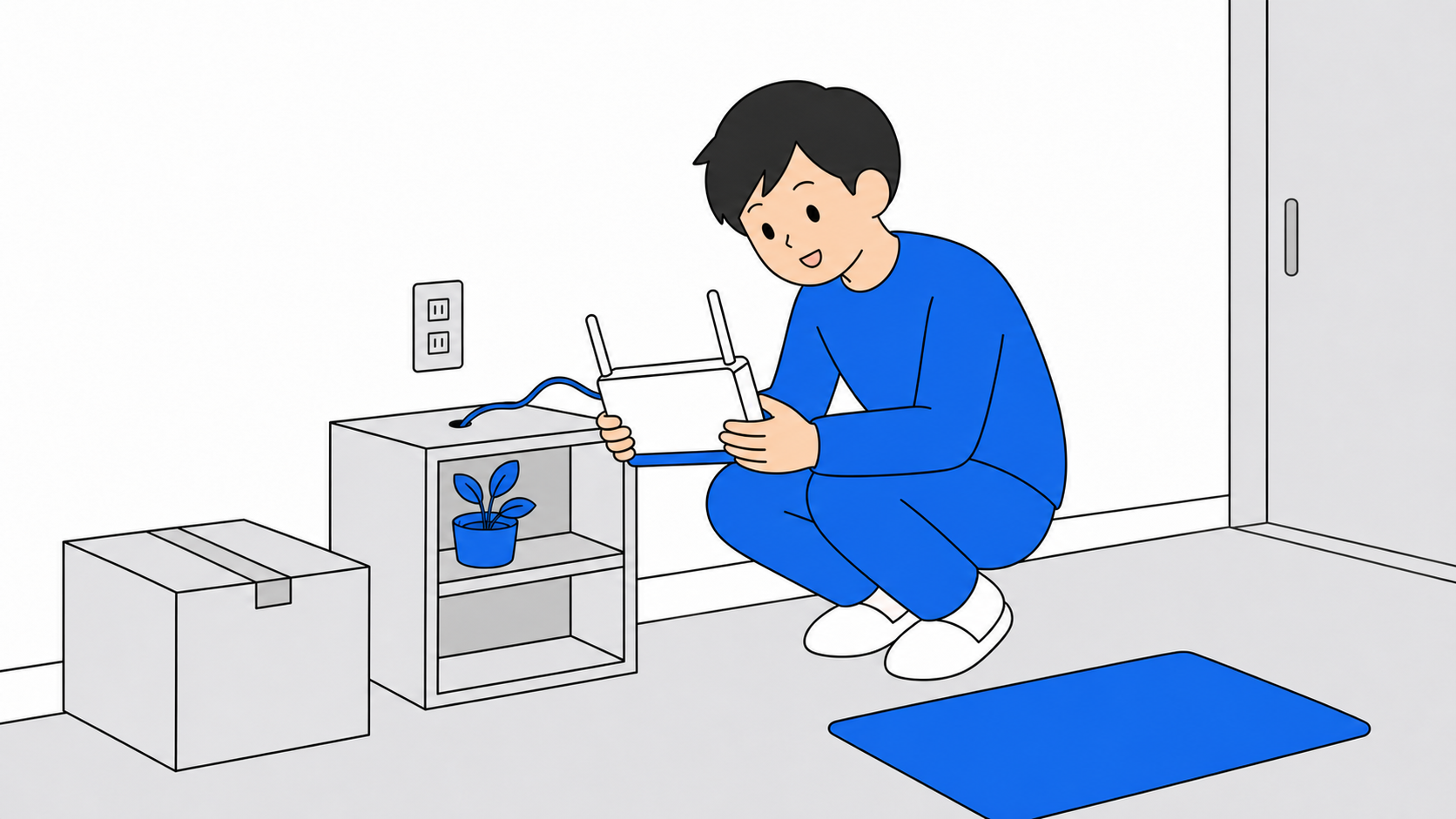 引っ越し先に残されたルーターを確認する人のイラスト